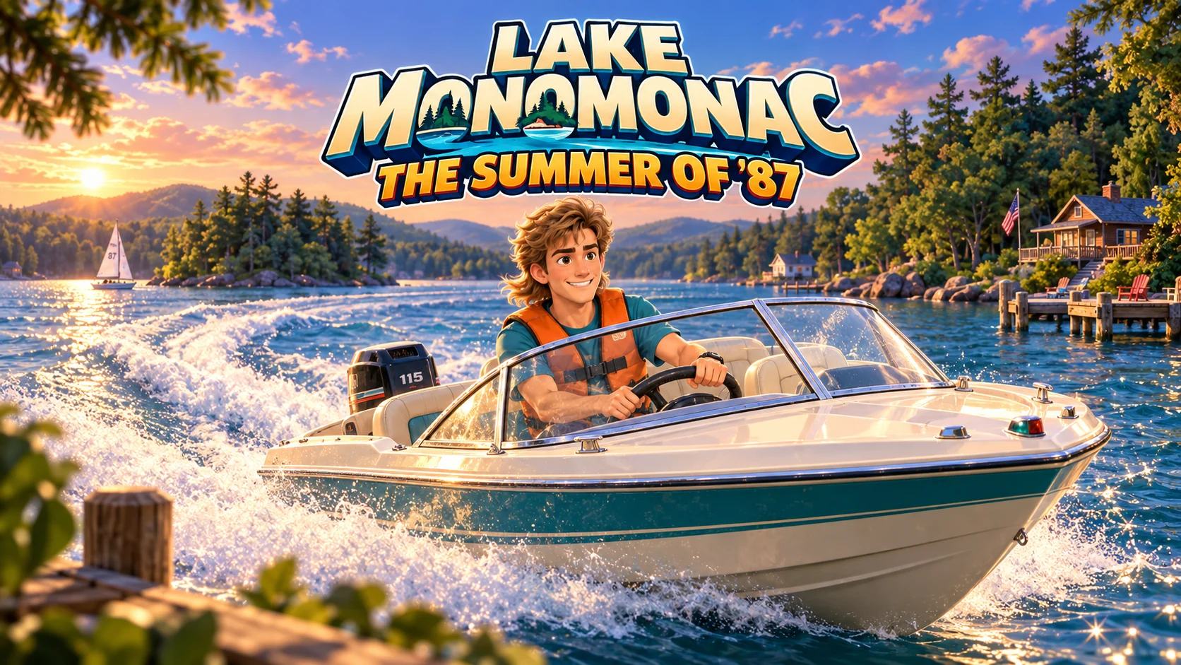 Illustrated Lake Monomonac title above a young boater driving past cottages in the evening sun