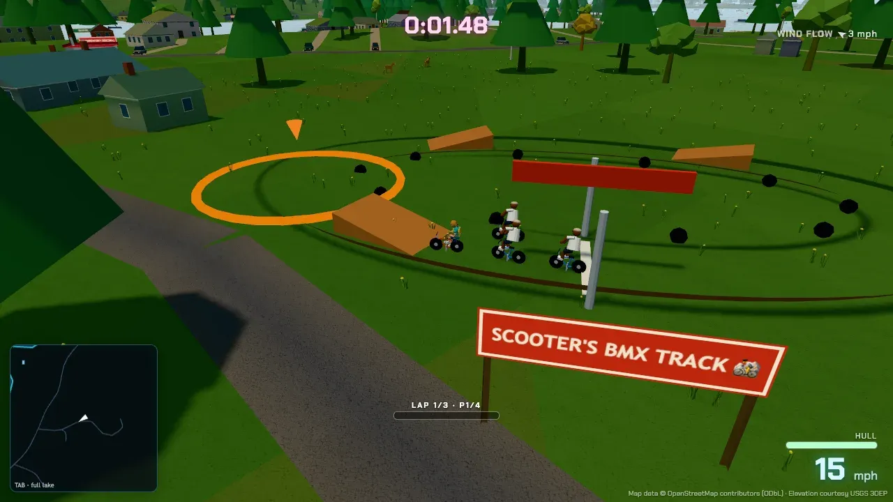 Four riders on the start line at Scooter's BMX Track, the dirt loop and jumps ahead