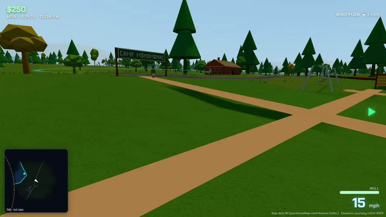 The CAMP MONOMONAC sign at the roadside, with a cabin, a swing set, and campers beyond