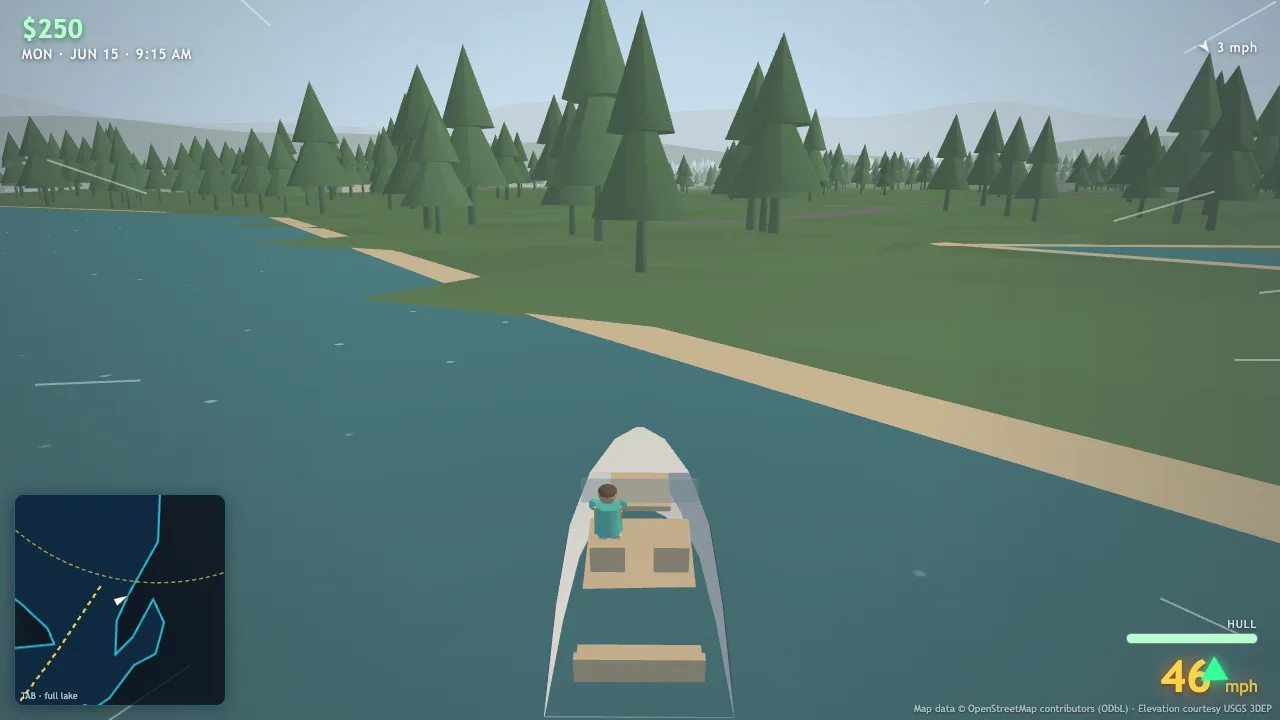 Morning on the lake, houses and pines along the shoreline