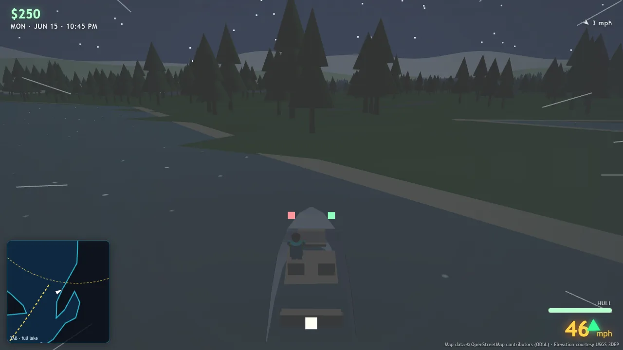 Night boating under stars with lit cottages on shore