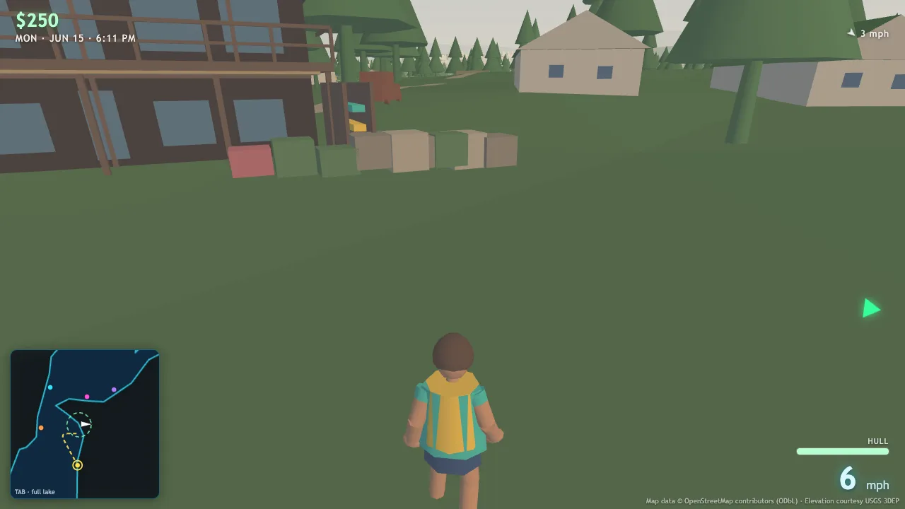 Standing on shore among cottages and trees