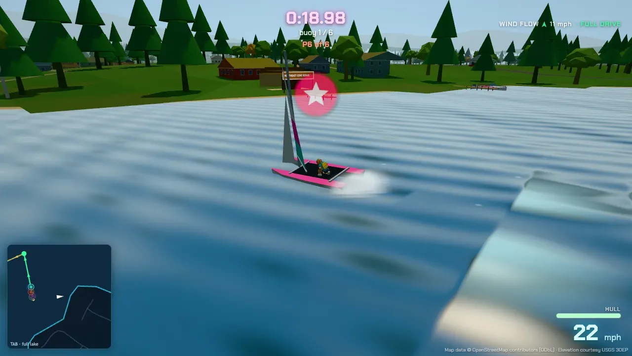 Rounding a star-marked buoy in a sailing regatta, the wind gauge reading eleven miles an hour